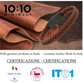 Men's Natural Braided Leather Bracelet Width 10mm Black PVD Stainless Steel Clasp Adjustable Gift Box Made in Italy, Adjustable, Stainless Steel Leather, No Gemstone