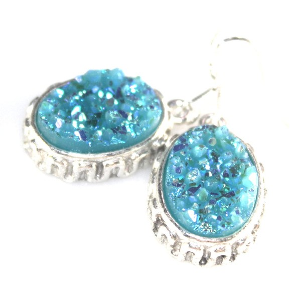 SILVER Vintage Style Sky Blue Rainbow Titanium Druzy Oval Earrings