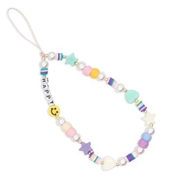 clover Beaded Phone Charm, Smiley Face Beaded Phone Lanyard Wrist Strap Fruit Letter Pearl Rainbow Handmade Clay Beads Anti Lost Phone Chain Keychain for Women Girls