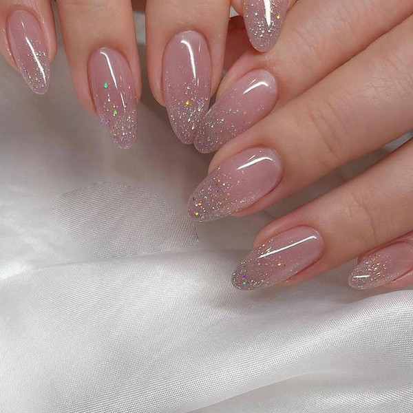 Short Fake Nails Almond Press on Nails Light Pink Acrylic