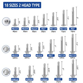 465PCS Self Tapping Screws for Metal, 410 Stainless Steel #8#10 Self Drilling Screws Assortment Set, 2 Type Head（Hex/Round）1/2/'' to 2/'' Sheet Metal Screws, Building, Metal, Wood, and Plastic