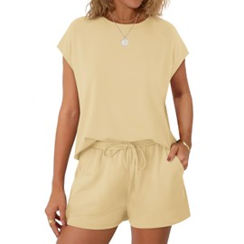 WIHOLL Two Piece Shorts Sets for Women Summer Date Outfits 2025 Vacation Trendy Lounge Sets Crew Neck Matching Set Women's Clothing Cap Sleeve Cruise Travel Airport Sweat Suits Beige L