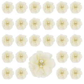 URROMA Chiffon Fabric Flowers for Crafts, 30 Pcs Cream Yellow Pearl Flower Appliques for Clothes Sew On Fabric Flowers for Headbands DIY Craft Accessories