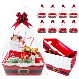 42 Pcs 14 Pack Christmas Baskets for Gifts Empty 8.5" x 10" with Xmas Pull Bows Clear Present Bags, Red Santa Claus Belt Empty Gift Baskets Kit To Fill for Winter Christmas Holiday Party Favors