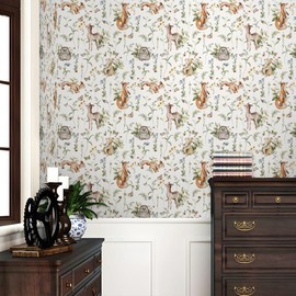 REDAMANCY White Wildflowers Watercolor Animals Forest Peel and Stick Wallpaper Stick on Contact Paper Vintage Wall Paper Easy Peel Off for nightstand Drawer Cabinet Renter