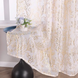 Delien Curtains with Ruffle Tape, Modern Curtain Scarves, Living Room, Transparent Window Curtains, Laudhaus Curtain with Branches Pattern, Decorative Curtains, Panel Curtains, Pack of 1, Gold, W x H