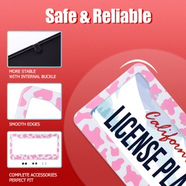 2Pcs Pink Cow Print License Plate Frame Cute Cows Animal Plate Holder Stainless Steel Rust-Proof Auto Parts Colorful License Plate Cover Decoration with 4 Screws Size 12.3" x 6.3" for Men Women Gifts