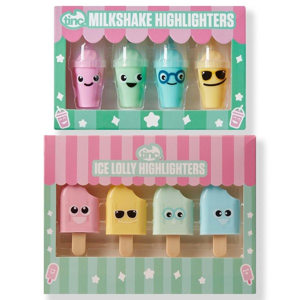 Tinc Textmarker-Stifte-Set, Eislutscher und Milchshake-förmige Textmarker, 8 leuchtende Farben, lustiges