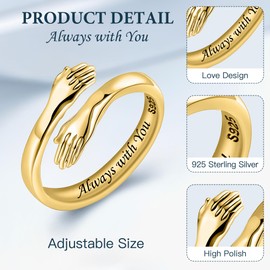 LOVECOM S925 Sterling Silver Hug Rings for Women 14k Gold Plated Adjustable Open Hands Promise Statement Ring Jewelry Birthday Mothers Day Gifts for Her Mom Wife Daughter Grandma Friends (Gold-Always with You, US Size 7)