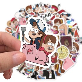 50pcs Cartoon Gravity Falls Stickers for Kids, Vinyl Waterproof Decal for Water Bottle Laptop Toy Sticker for DIY Decorate Bumper Phone Hard Hat Kids Teens Gifts (White)