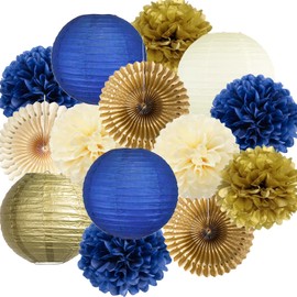 Navy and Gold Party Decorations Paper Lanterns Paper Fans Pompom Flowers Navy Blue Party Decorations for Birthday Wedding Baby Shower Graduation Nautical