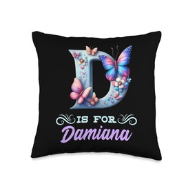 D Is For Damiana Girly Butterfly And Flower Initial Name Throw Pillow