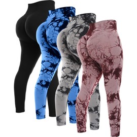 NORMOV 4 Piece Butt Lifting Workout Leggings for Women, Seamless Gym Scrunch Booty Lifting Sets(Black/Tie Dye Grey/Tie Dye Red/Tie Dye Blue, L)
