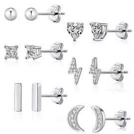 VEEDOFA Silver Stud Earrings for Women, Hypoallergenic 925 Sterling Sliver Stud Earrings, Moon Ball Heart Studs Earrings Sets for Women Gifts