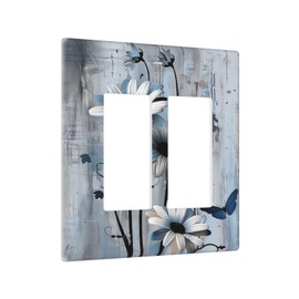OILbiexn Outlet Covers Rustic Wood Blue Florals Butterfly Flower 2 Gang Light Switch Cover Double Rocker Wall Plate Decorative GFCI Socket Cover Electrical Switchplate for Bedroom Home Decor