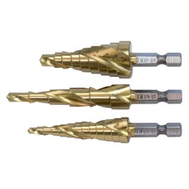 OEMTOOLS 24372 Spiral Step Drill Set, 3 Piece Set HSS Titanium Coated Drill Bit Kit, 28 Sizes, Step Drill Bit for Metal, Steel, Plastic, Aluminum, Copper