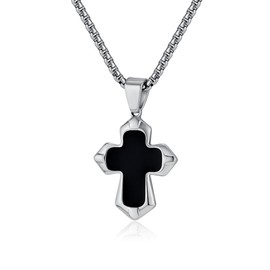 Unisex Stainless Steel Black Onyx Cross Pendant Necklace for Men Women,Titanium Steel Christian Cross Charm Jewelry Chain Necklace for Mens,Religious Jesus Christ Crucifix Cross Necklaces,24inch Chain