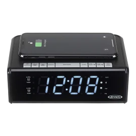 Jensen QiCR-200 Dual Alarm Clock Radio with Qi Charging, White, 9.40in. x 5.00in. x 3.00in.