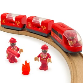 Battery Operated Rescue Fire Fighting Truck for Wooden Train Tracks with Figures Kids Magnetic Wooden Trains Set for Toddlers Boys 3-5 4-8 (Without Battery and Tracks)