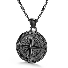 AZFVBQL Men's Compass Pendant Necklace Stainless Steel Navigator Forged for Male Jewelry (Black)
