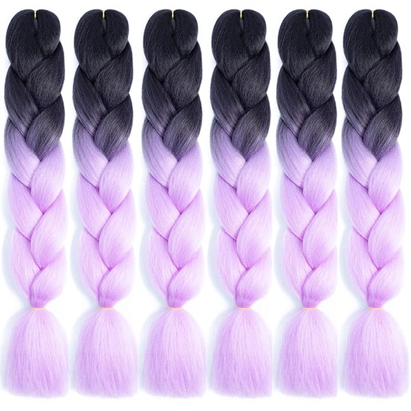 LDMY Jumbo Braiding Hair Extensions, 6 Pieces/Pack, Ombre Braids Extensions, Black to Light Purple Colour, 24 Inch Jumbo Braids, Kanekalon Synthetic Hair for Women, 100 g/pc