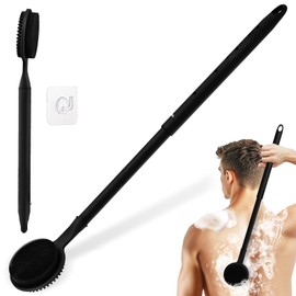 GEENOA Adjustable Silicone Back Scrubber for Shower, 16''- 24'' Extendable Shower Back Scrubber for Rich Foam, 5-Length Back Brush Bath Brush with Dual-Side Head and Super-Lathering Bristles(Black)