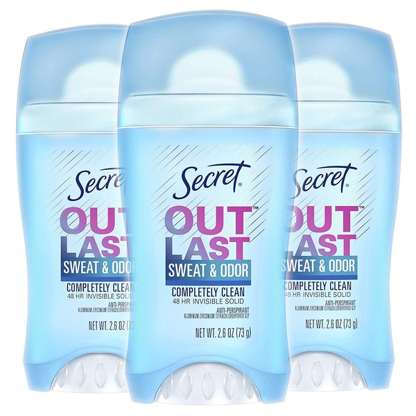 Secret Outlast Invisible Solid Antiperspirant Deodorant for Women, Completely Clean, 2.6 oz, pack of 3