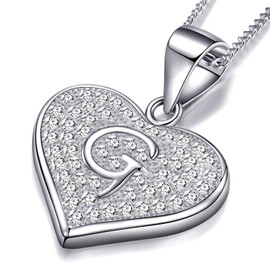MASADA 925 Silver Heart Letter Necklace - Initial Pendant with Cubic Zirconia Stones - 46 cm Chain, with Velvet Bag