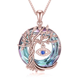 TOUPOP Evil Eye Necklace with Tree of Life Purple Crystal Pendant Necklace Rose Gold Plated Sterling Silver Protection Jewelry Amulet Mothers Day Gifts for Women Mom Wife Her