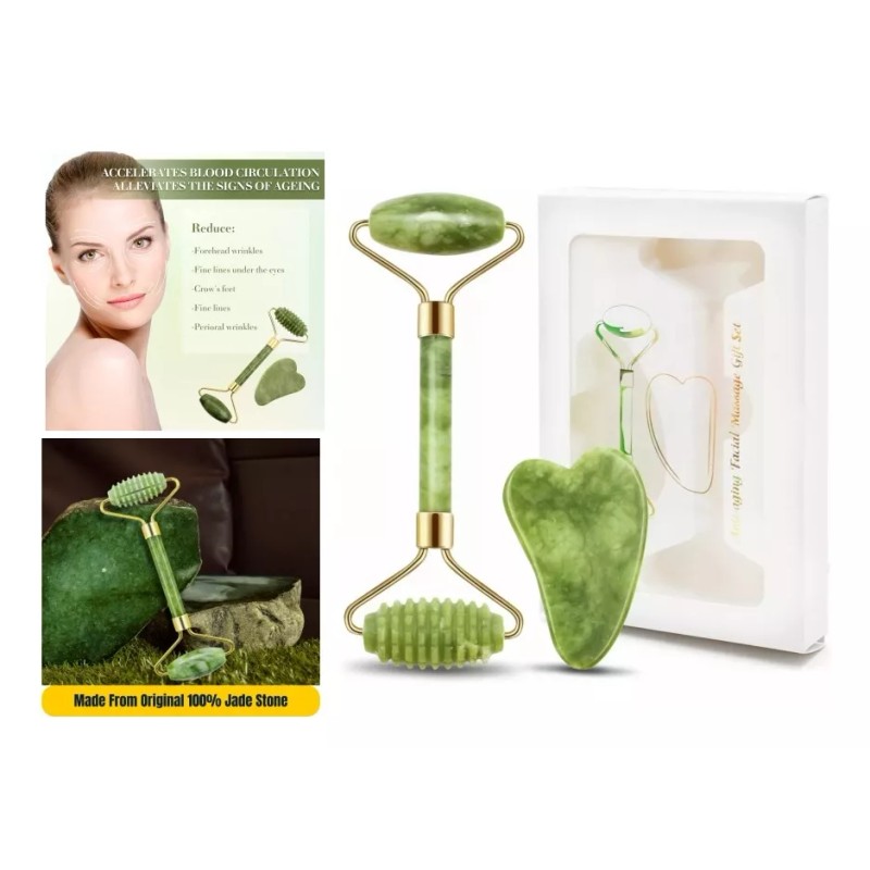 SANBREVE Rodillo Masaje Facial De Jade Gua Sha Rejuvenece Kit