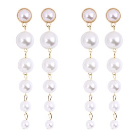 2 Pairs Women Pearl Earrings Dangling Long Pearl Drop Earrings Tassel Chain Earrings Pearl Drop Dangle Earrings Ear Cuff Stud Pearl Chain Earring Long Gold Tassel Earrings for Pierced Ears Women