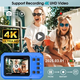 Underwater Camera 2.7K 56MP Waterproof Camera Autofocus with 32GB Card, 16FT Waterproof Digital Camera with 2.7" Screen for Kids, 16X Fill Light Portable Compact Digital Camera for Snorkeling,Blue