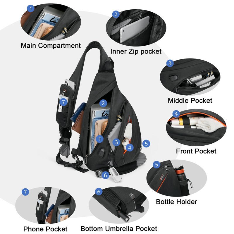 TUDEQU Sling Bag for Women,8 Pockets Sling Bag One Strap