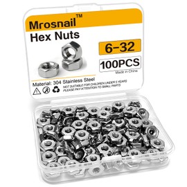 Mrosnail 100PCS SAE 6-32 Hex Nuts Assortment Kit, 304 Stainless Steel - Heavy-Duty Construction Fasteners for DIY Projects and Professional Use