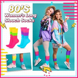 Geyoga 3 Pairs 80s 90s Neon Women's Slouch Socks, Extra Long Heavy Stacked Socks Soft Scrunch Knee High Sock Size 9 to 10(Multicolor)