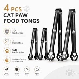 Black Cat Paw Food Tongs 4 Pack, 304 Stainless Steel, 5.1 & 6.9 in