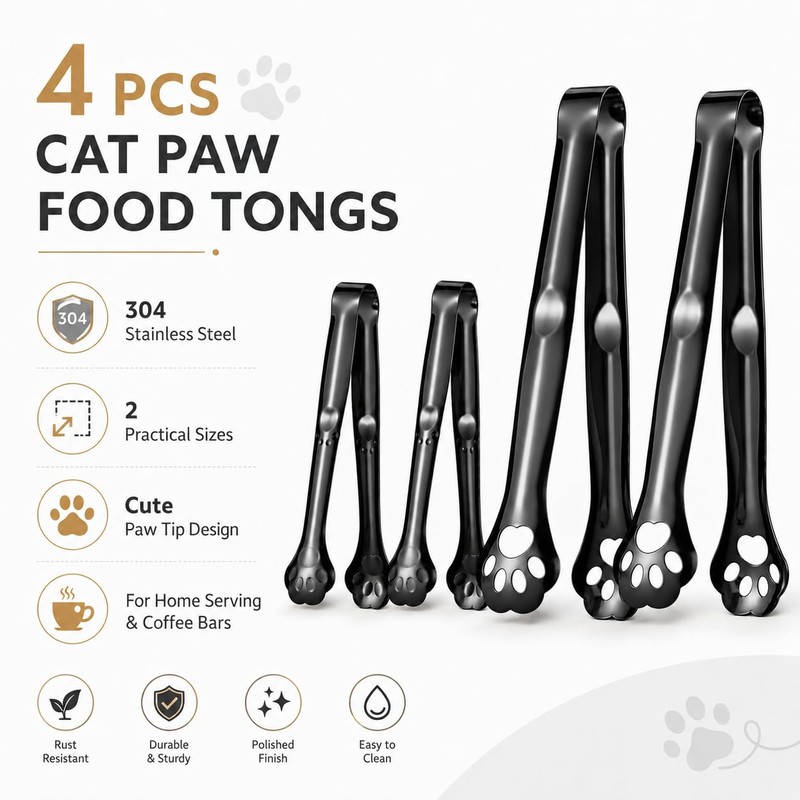 Black Cat Paw Food Tongs 4 Pack, 304 Stainless Steel,