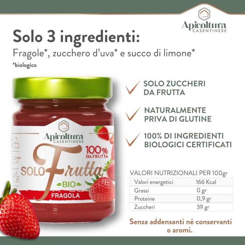 Apicoltura Casentinese, Solofrutta Bio Fragola, Composta 100% Frutta Biologica, Vasetto