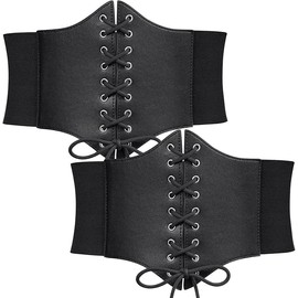 QYDMIN 2 Pieces Corset Women's Black Elastic Corset Belt Corset Belt, Tied Waspie Waist Belt Waist Belt for Women, Eisenh