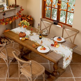 Joyfol Day Autumn Thanksgiving Table Runner 14 x 69 Inch, Cutwork Embroidered Pumpkin Maple Leaves Dresser Scarf, Seasonal Fall Table Runner for Kitchen Dining Harvest Party Decor