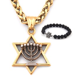 Gungneer Star of David Menorah Necklace Stainless Steel Charm Keel Chain Religious Jewish Jewelry for Men Women (20)