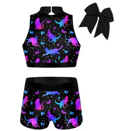 Vogseek Leotard Gymnastics Girls Kids 7t 8t Kids Colorful Cats Butterflies Print Sparkle Outfits Size 7 8 Girls Bodysuits Quick Dry Biketard Sets