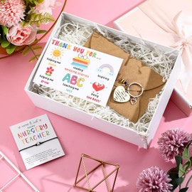 Otuuz 5 Pcs Thank You Teacher Gift Nursery Teacher Appreciation Gifts Include Thank You Cards with Envelopes Bee Stainless Inspirational Keychain Wish Bracelet for Women Staff Colleagues
