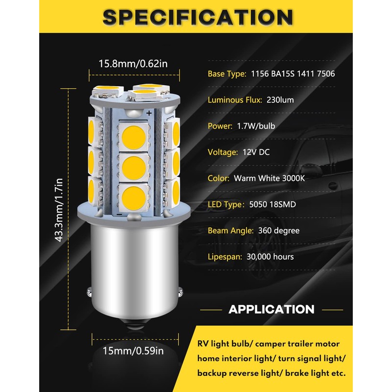 Qoope 1156 LED Bulb Warm White 1141 LED Bulbs RV