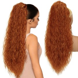 Long Curly Drawstring Ponytail Extension for Women Clip in Ponytail Hair pieces Synthetic Long Curly Wavy Clip in Pony tail Hair Extensions for Daily Party Use (26 Inch, Copper Red)