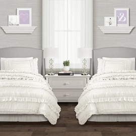 4 Piece Cream White Comforter Set Twin XL Size Ruffled Texture French Country Bedskirt Ivory Shade Extra Soft | Shabby Chic Bedding Ultra Plush Fluffy Warm Pillow Shams Solid Color Feminine Casual