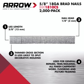Arrow BN1810CS 18-Gauge Steel Brad Nails for Molding, Cabinets, Framing, Trim, and Finishing, Safe to Use with Electric or Battery Powered Nailers, Steel, 5/8 Inch, 1000 Count (Pack of 1)