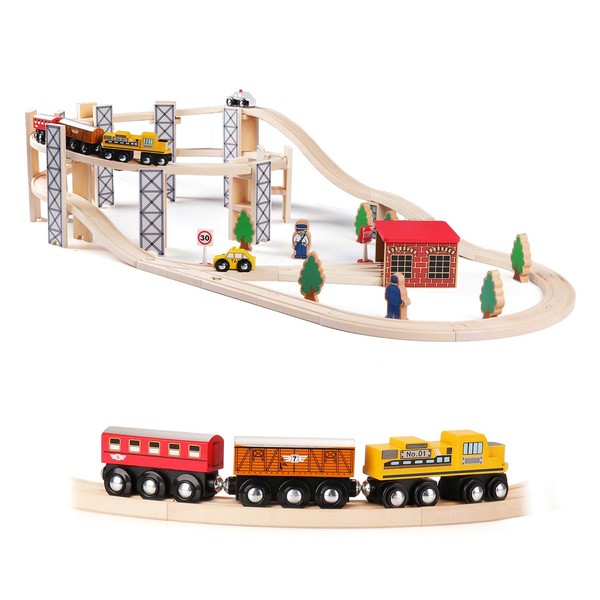 SainSmart Jr. Wooden Train Set Toy with Rail High Level Part, 50 PCS Flyover Overpass Wooden Train Playset with 5 Magnetic Train Cars for Toddlers