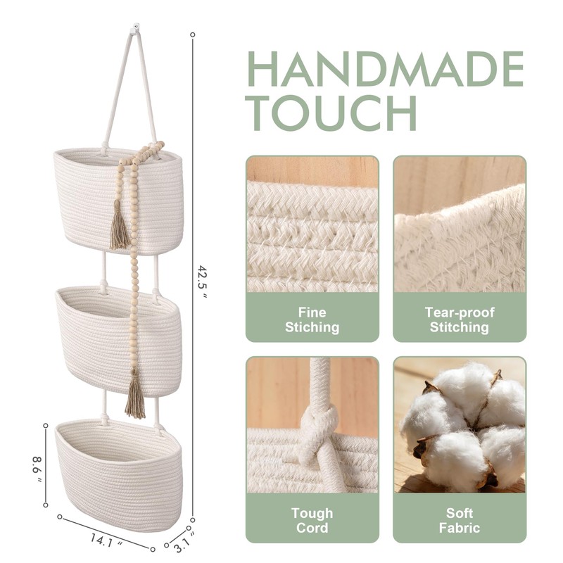 Wall Hanging Rope Baskets 3-Tier Boho Organizers (White & White,