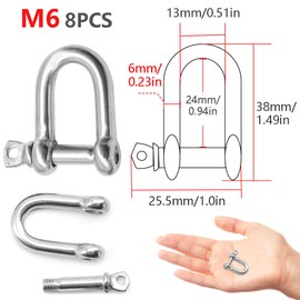 CEEYSEE 8Pcs D Shackle Heavy Duty M6 D Ring Shaped Screw Shackles 304 Stainless Steel Chain Link Tow Hook Shackle Locks for Towing Climbing Outdoor Camping Travel Maximum Load Capacity:220kg(U/M6/DXK)